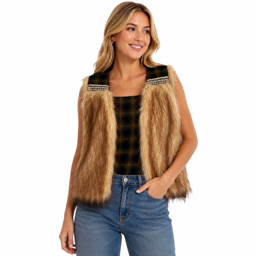 BKE Faux Fur Plaid Vest Women Large Brown Bohemian Western GNKPD1550